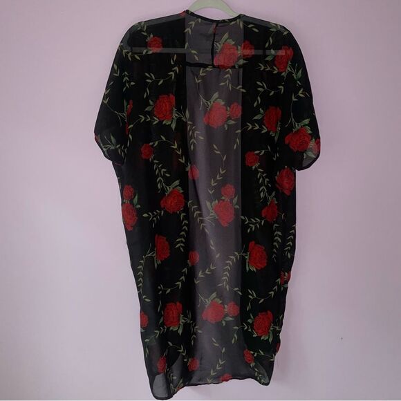 Live 4 Truth S Cardigan Black Sheer Longline Short Sleeve Rose Swim Kimono - Picture 5 of 7